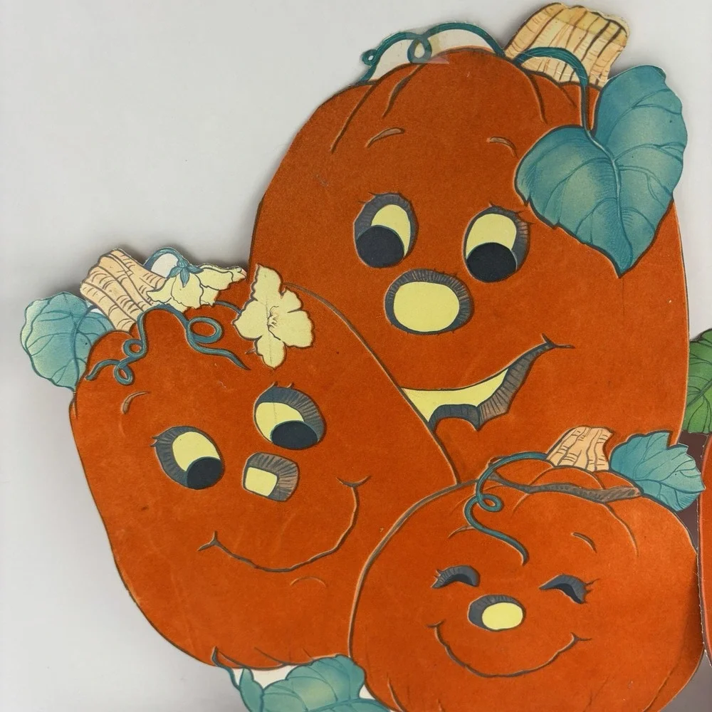 Vintage Flocked Halloween Decorations Pumpkins (2) 1980s Diecut